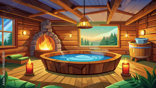 Cozy indoor rustic hot tub with warm lighting and steam in log cabin setting