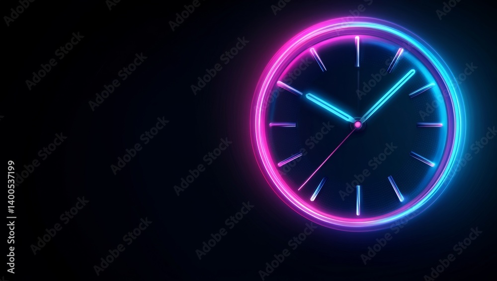 Neon clock face on black background Neon clock face on black background