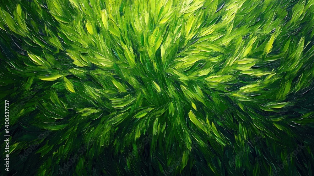Abstract green painting evokes lush foliage, vibrant and organic textures. Abstract green painting evokes lush foliage, vibrant and organic textures.