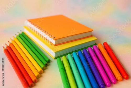Bright Stationery Items Arranged on a Colorful Background for Creative Projec...
