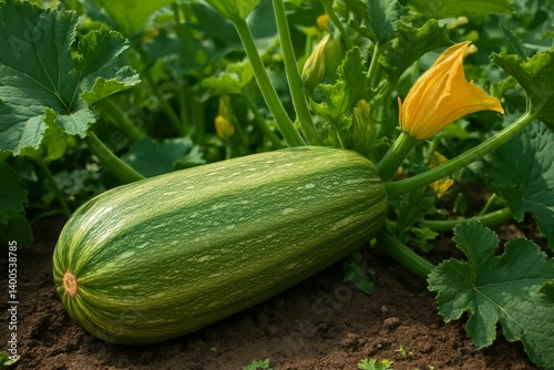 Fresh Zucchini Growing in a Garden Surrounded by Green Leaves and Blossoms