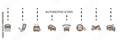 automotive icons set isolated on White Background Flat style design