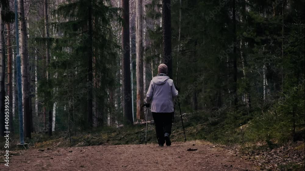 Elderly woman practicing Nordic Walking on a forest trail. Elderly woman practicing Nordic Walking on a forest trail.