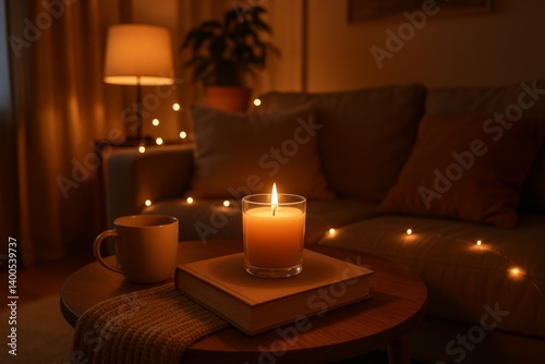 Soft Candlelight Illuminates Cozy Living Room With a Cup of Tea and a Book in...