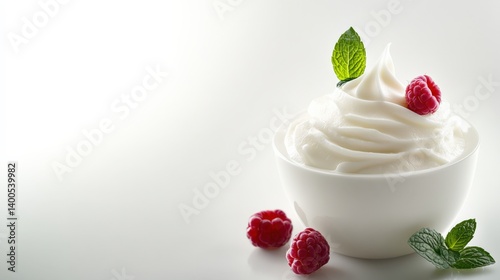 Delicious Thick Yogurt Topped With Fresh Raspberries and Mint on a Clean White Background Generative AI