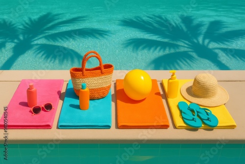 Colorful Beach Towels and Summer Accessories by the Pool in Bright Sunlight