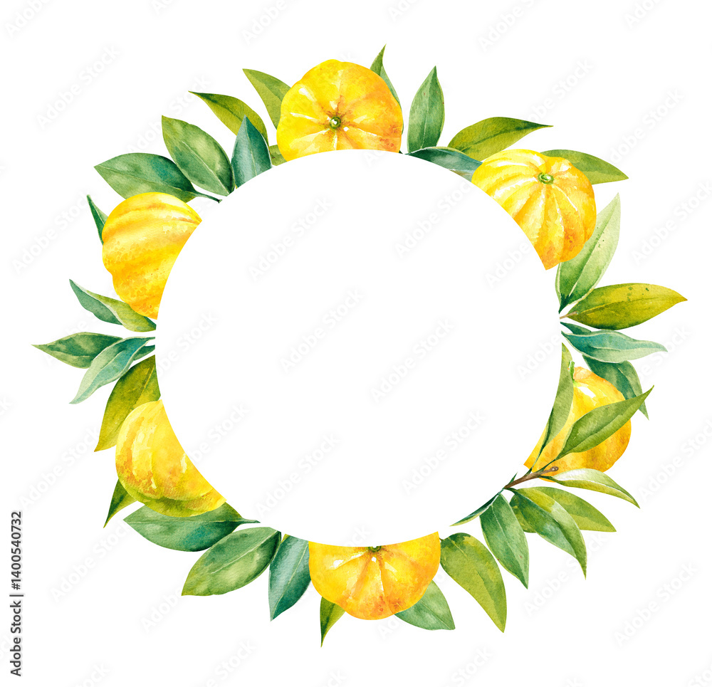 Naklejka premium Fresh ripe juicy yuzu fruits on branches with green leaves hand painted watercolor illustration wreath. Isolated on white background bright round frame for food, beauty designs, packaging, grocery