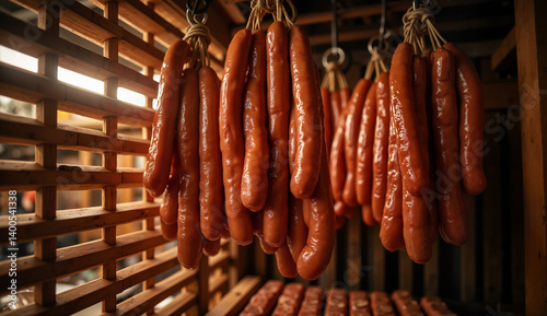 Hanging sausages in a wooden stall