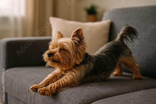 Playful Dog Stretching on Couch in Cozy Living Room During Morning Light