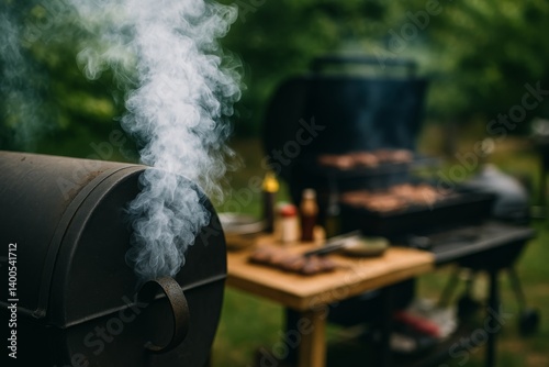 Smoky Barbecue Cooking at a Backyard Gathering on a Sunny Afternoon