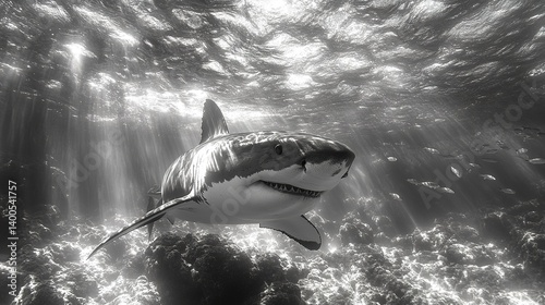 Magnificent great white shark gliding serenely underwater amid sunbeams