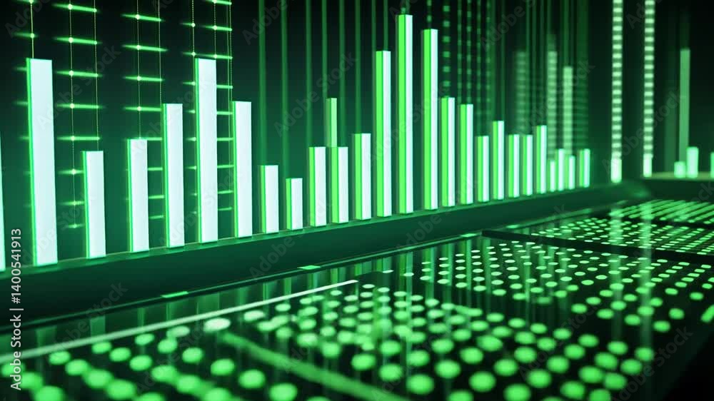 Futuristic Green Digital Equalizer Display with Grid Pattern Reflections Loop Futuristic Green Digital Equalizer Display with Grid Pattern Reflections Loop