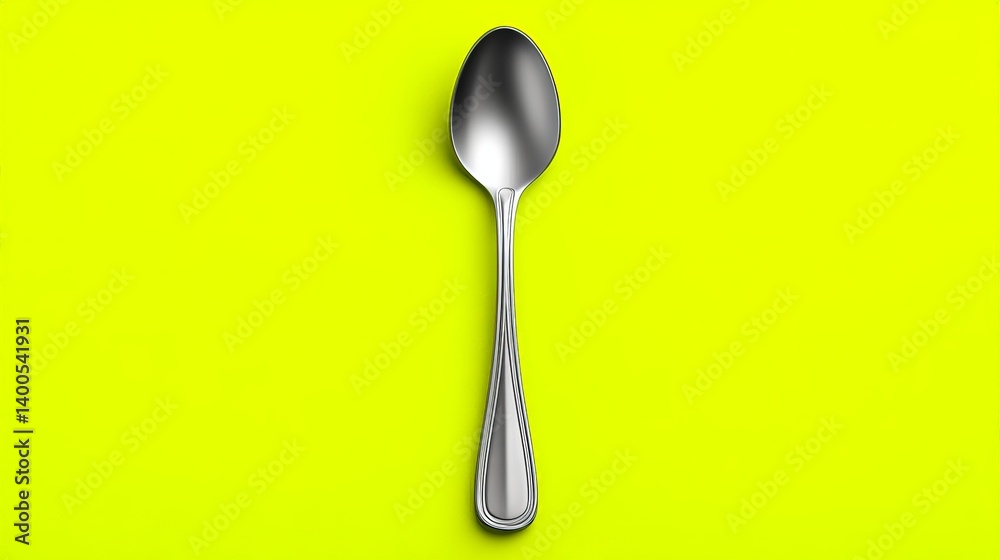 Silver spoon on neon yellow background with centered alignment casting soft metallic shadow reflecting concept of design simplicity utensil identity and visual contrast Silver spoon on neon yellow background with centered alignment casting soft metallic shadow reflecting concept of design simplicity utensil identity and visual contrast