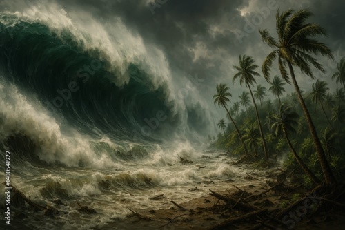Rising Wave Threatens a Coastal Village During a Stormy Evening