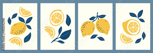 Lemons posters. Vector contemporary print with hand drawn citrus fruits. Italian summer weekend. Interior painting.