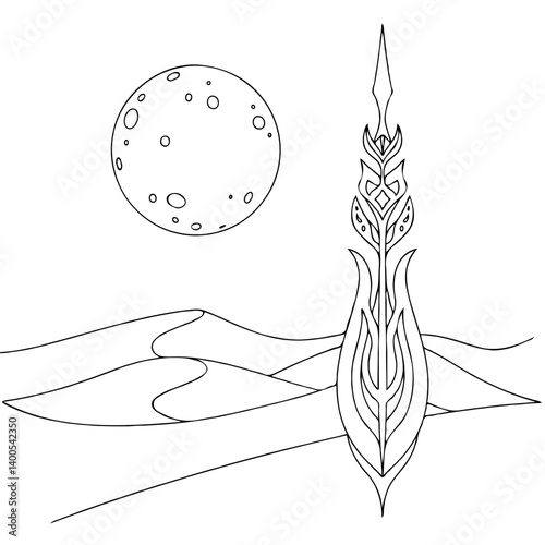 Abstract image of an elegant plant growing in the desert against the background of the moonscape