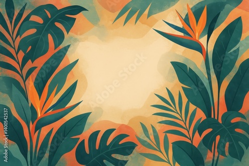 Vibrant Tropical Plants Frame a Blank Canvas Ideal for Creative Projects and Designs