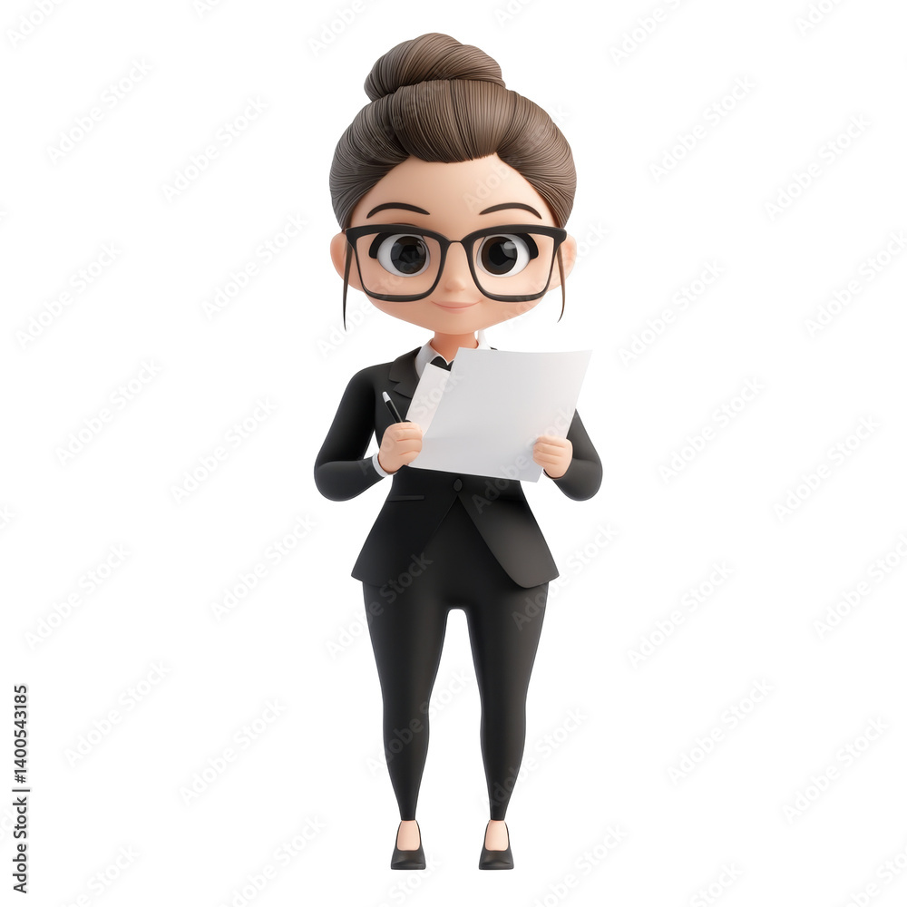 Cartoon character in formal suit holding a piece of paper with a pen in hand Cartoon character in formal suit holding a piece of paper with a pen in hand