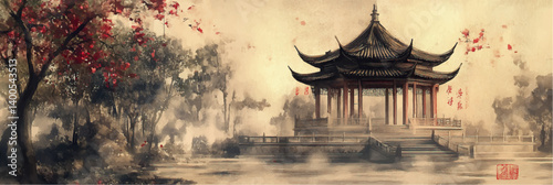 vector illustration of chinese pavilion painting on old vintage silk paper	