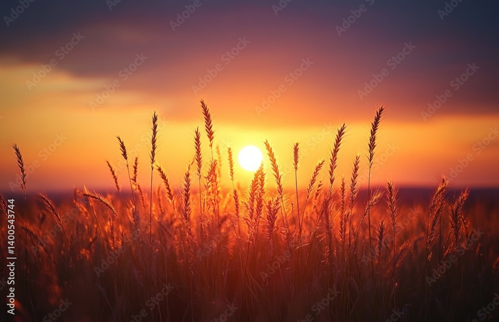 Sunset over wheat fields with vibrant colors and silhouettes in autumn Sunset over wheat fields with vibrant colors and silhouettes in autumn