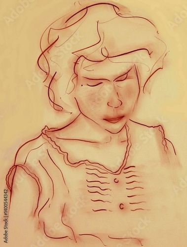 Fotografi 2-BUTTON BLOUSE, red chalk drawing on Ingres paper: portrait of a young woman in a blouse with her eyes closed, evoking introspection or reverie, with a serene, slightly melancholic expression