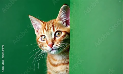 green screen video shows adorable orange kitten curiously peeking from behind bright background for creative compositing needs