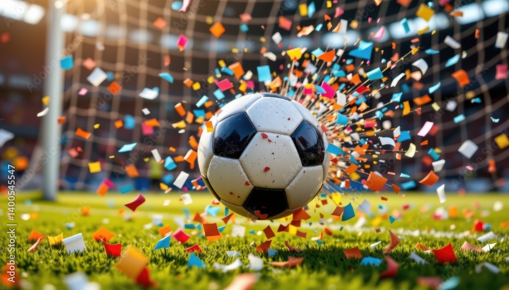 Fototapeta premium A striking image of a soccer ball bursting through the net, with confetti falling in celebration around it.