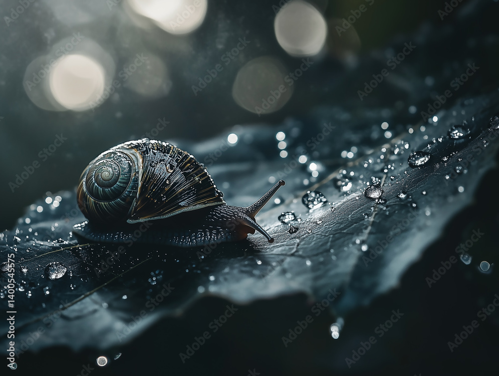 Snail on green leaf with water droplets. Bokeh background.