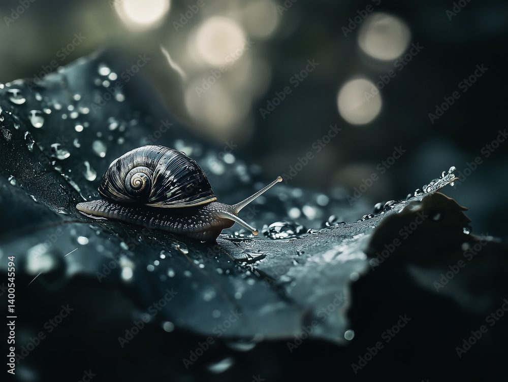 Snail on green leaf with water droplets. Bokeh background.