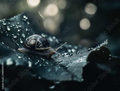 Obraz na płótnie Snail on green leaf with water droplets. Bokeh background. w salonie