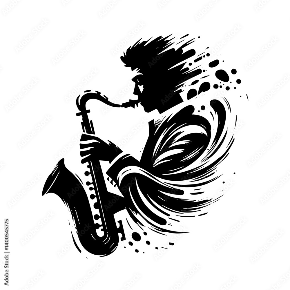 monochrome brush strokes stylish illustration of a Jazz musician playing sax in a dynamic style - jazz day, jazz festival