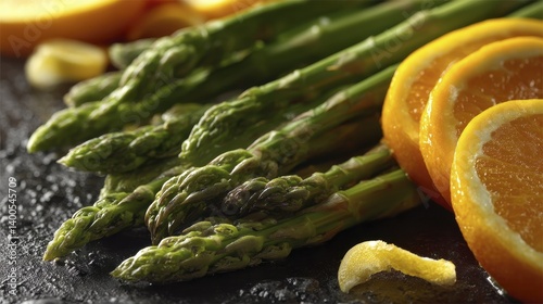 Close-up shot of a vibrant green asparagus bunch next to a sliced orange - green asparagus color appetizing