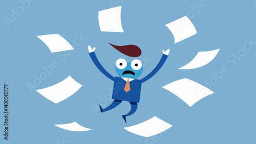 Rescue from Chaos A character who appears frazzled is depicted trying to escape from an avalanche of papers cascading down from above. Their eyes are wide in dismay and they are