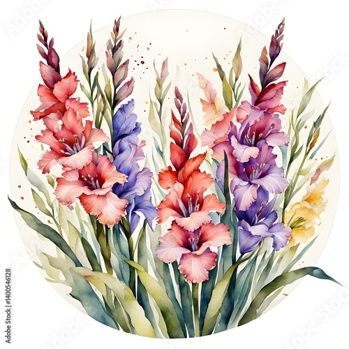 Watercolor painting with a bouquet of gladiolus flowers in a circle.