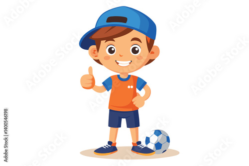 Young Boy Wearing a Sporty Outfit and Cap Gives a Thumbs-Up Beside a Soccer Ball