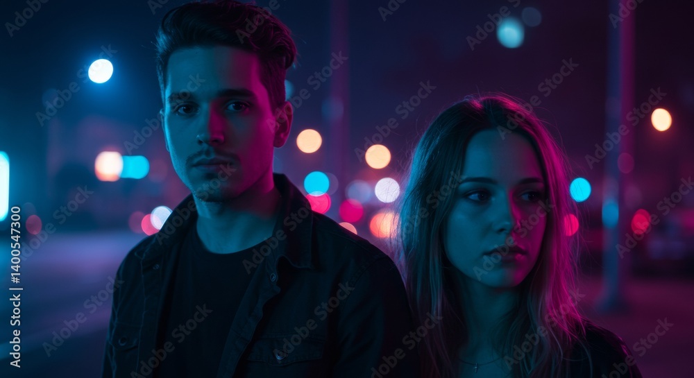 Two young adults expressing contemplation in a neon cityscape Two young adults expressing contemplation in a neon cityscape