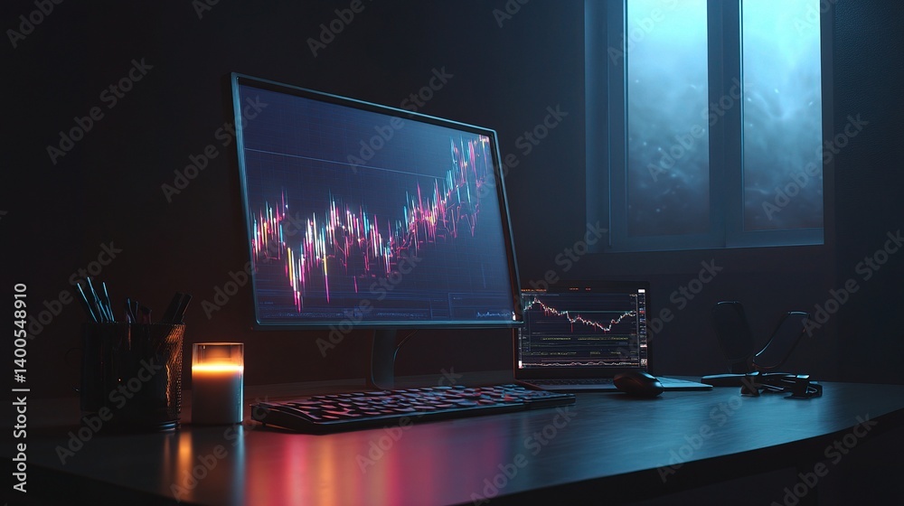 Modern Workstation with Glowing Monitor in Forex Market Setting Modern Workstation with Glowing Monitor in Forex Market Setting