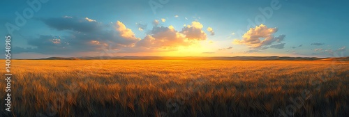 Golden wheat field under a clear blue summer sky at sunset, long shadows stretching across the field, copy space on the lower half.