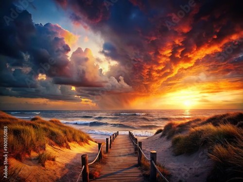 Dramatic Panoramic Stormy Sunset Beach Path