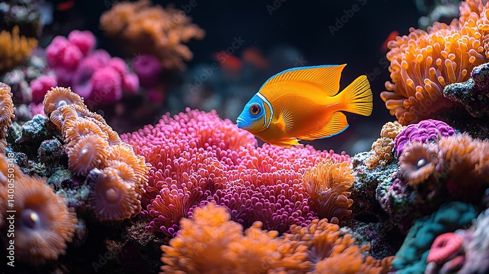 Obraz premium Vibrant aquatic ecosystem featuring a colorful fish among coral reefs