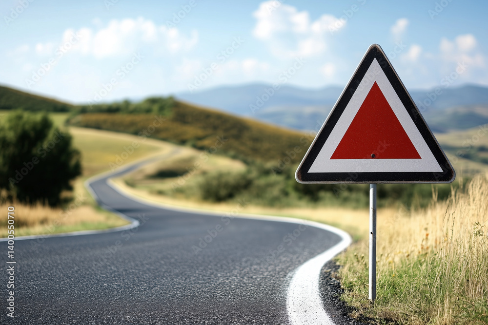 Curvy Mountain Road with Warning Traffic Sign in Summer Landscape Curvy Mountain Road with Warning Traffic Sign in Summer Landscape