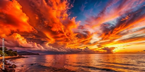 Dramatic Mediterranean Sunset: Abstract Orange & Red Cloudscape Coastal Landscape