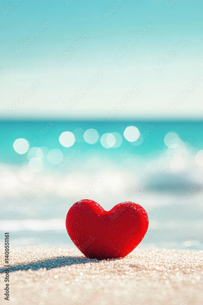 A red heart-shaped stone on a sandy beach with a blurred ocean background. A red heart-shaped stone on a sandy beach with a blurred ocean background.