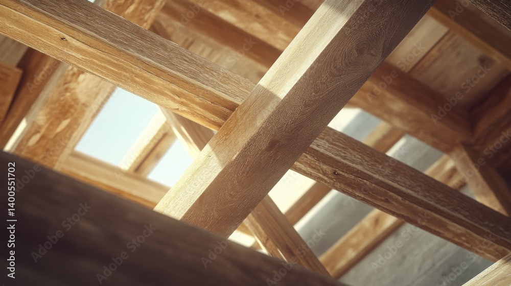 Construction worker installing wooden framework for roof. Featuring teamwork and structural work Construction worker installing wooden framework for roof. Featuring teamwork and structural work