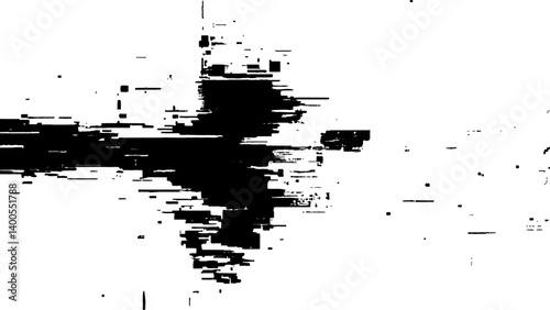 Abstract distorted black, white motion glitch overlay effect distress texture. Black grunge, white background.