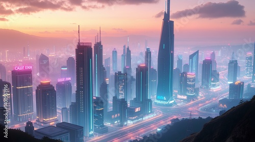 Neon Metropolis: A Futuristic Cityscape at Dawn