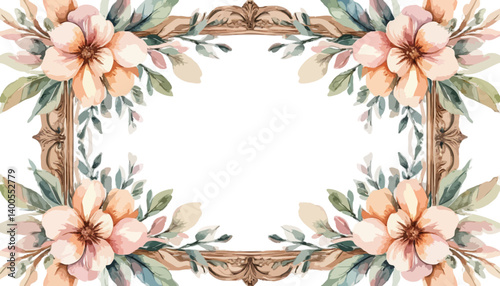 Ornate watercolor floral frame with peach flowers against black background