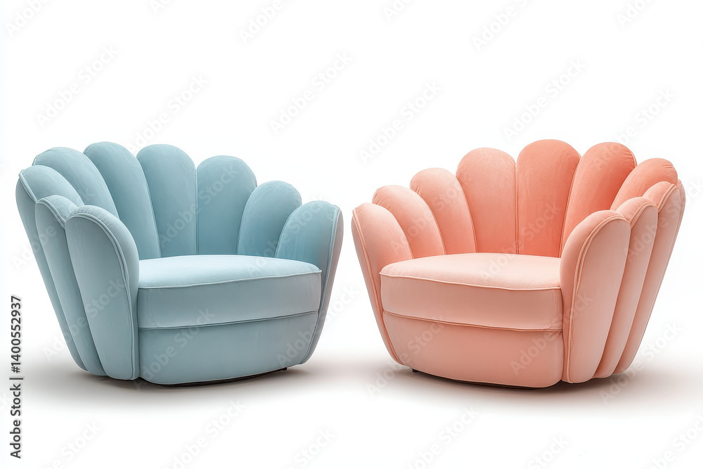 Elegant Shell-Shaped Armchairs: Pastel-colored armchairs, reminiscent of delicate shells, grace a pristine setting, inviting both comfort and aesthetic pleasure. Elegant Shell-Shaped Armchairs: Pastel-colored armchairs, reminiscent of delicate shells, grace a pristine setting, inviting both comfort and aesthetic pleasure.