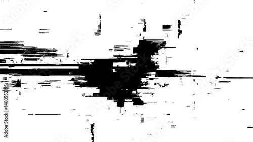Abstract distorted black, white motion glitch overlay effect distress texture. Black grunge, white background.