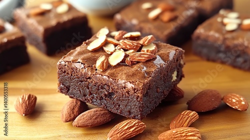 Obraz na płótnie Moist and fudgy brownies topped with slivered almonds for a delicious crunch w salonie